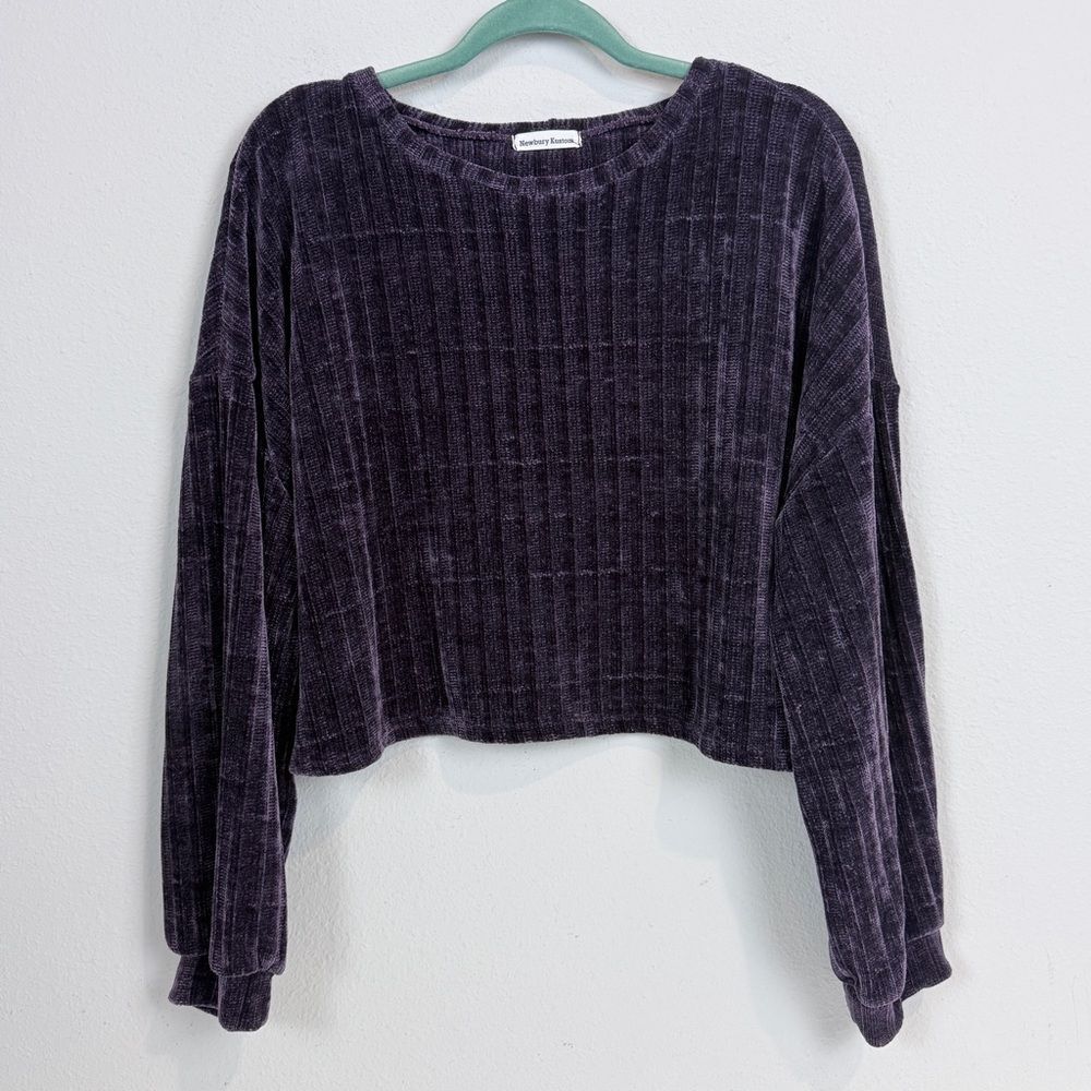 Newbury Kustom Cropped Dark Purple Ribbed Chenille Sweater L